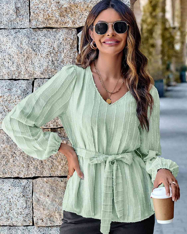 V-Neck Tie Waist Long Sleeve Blouse