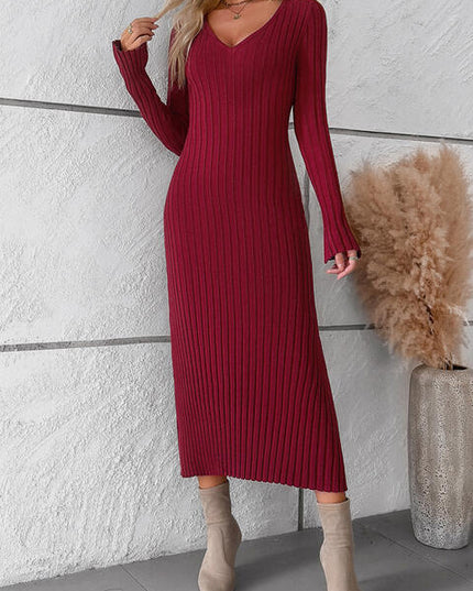 V-Neck Long Sleeve Ribbed Sweater Dress