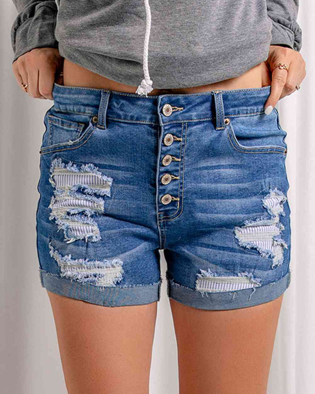 Distressed Button Fly Striped Lining Denim Shorts