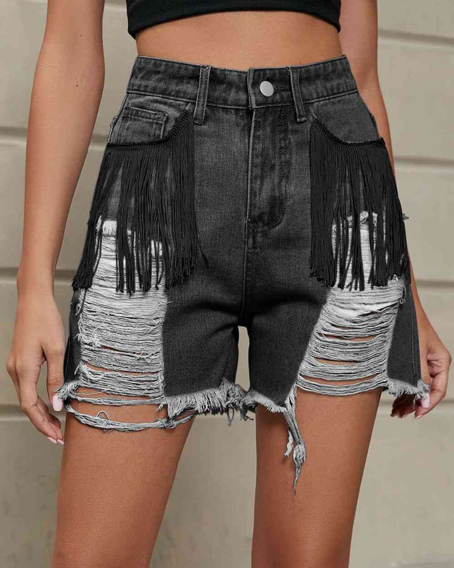 Fringe Trim Distressed Denim Shorts with Pockets