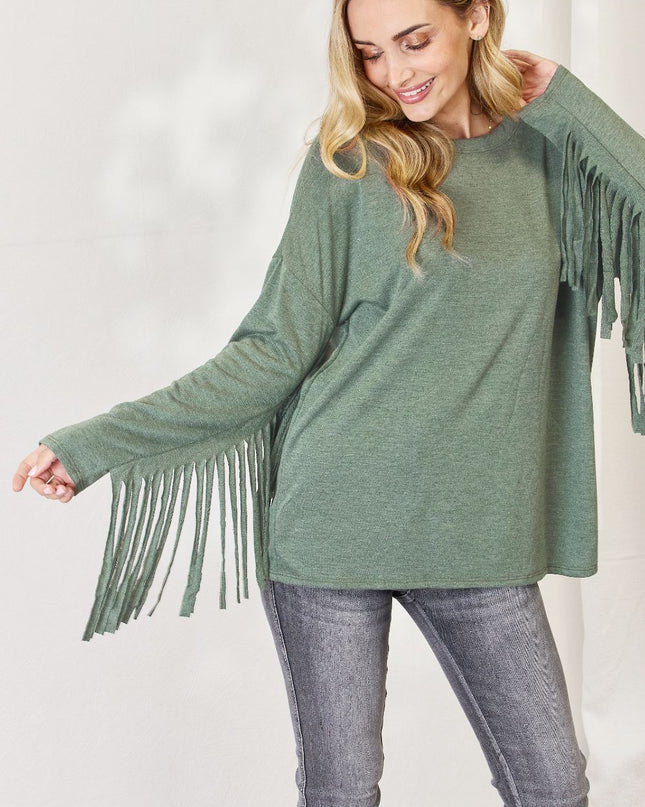 Celeste Full Size Fringe Detail Long Sleeve Top