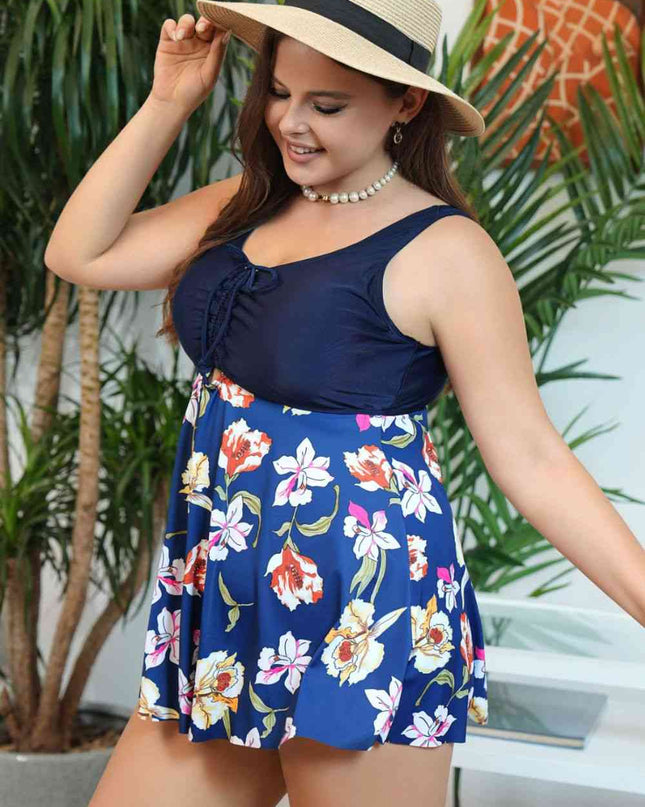 Plus Size Floral Ruched Sleeveless Swim Top