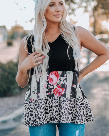 Leopard Floral Color Block V-Neck Tank Top