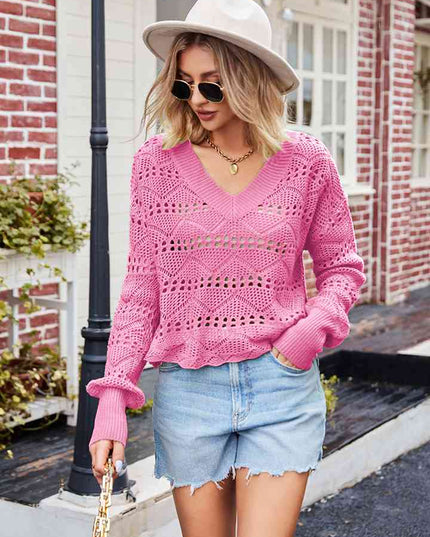 V-Neck Openwork Long Sleeve Sweater
