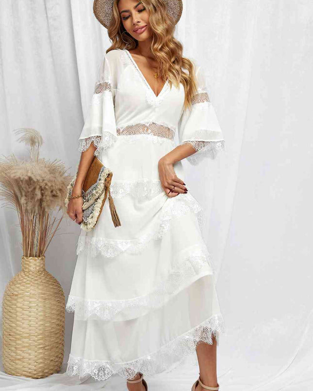 V-Neck Spliced Lace Maxi Dress