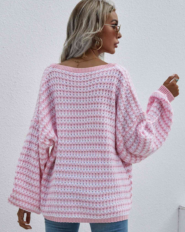 Striped Drop Shoulder V-Neck Pullover Sweater