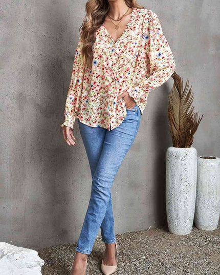 Floral Frill Trim V-Neck Flounce Sleeve Blouse