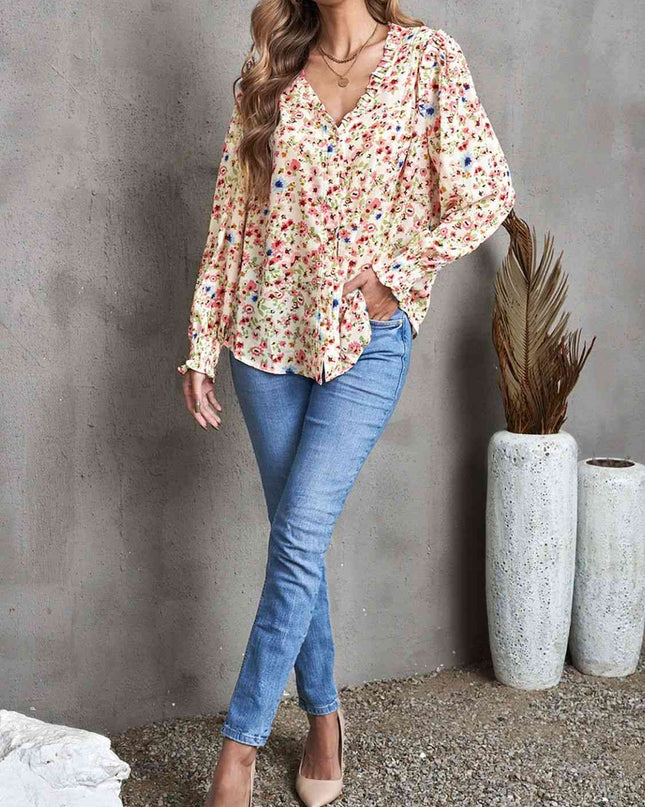Floral Frill Trim V-Neck Flounce Sleeve Blouse