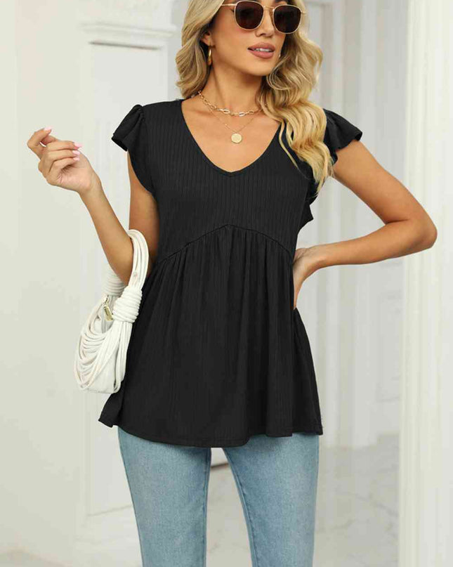 V-Neck Flutter Sleeve Babydoll Blouse