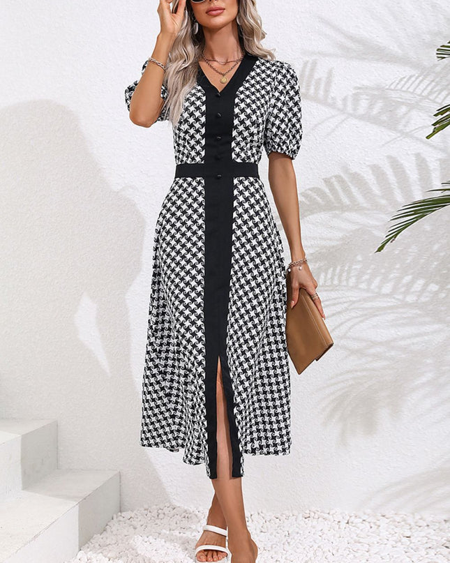 Printed Decorative Button V-Neck Slit Dress