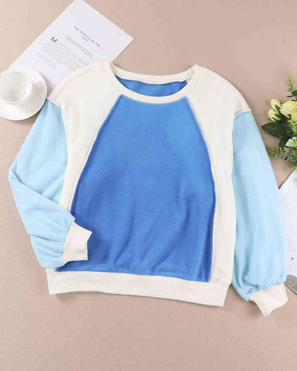 Round Neck Dropped Shoulder Color Block Sweatshirt