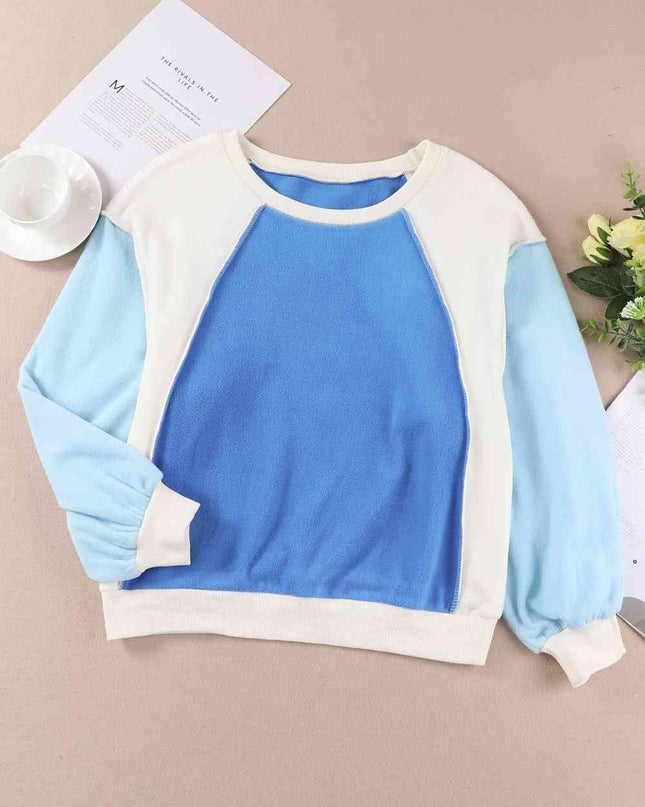 Round Neck Dropped Shoulder Color Block Sweatshirt