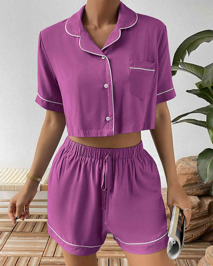 Contrast Lapel Collar Cropped Shirt and Shorts Lounge Set
