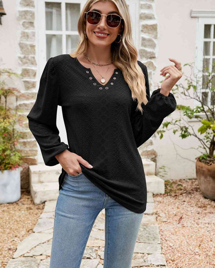 Eyelet Notched Neck Balloon Sleeve Blouse