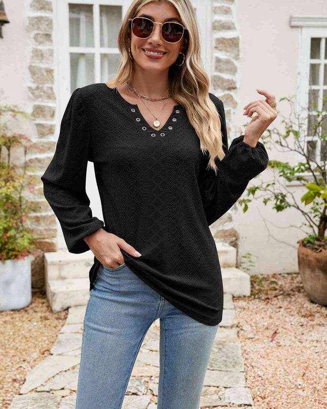 Eyelet Notched Neck Balloon Sleeve Blouse