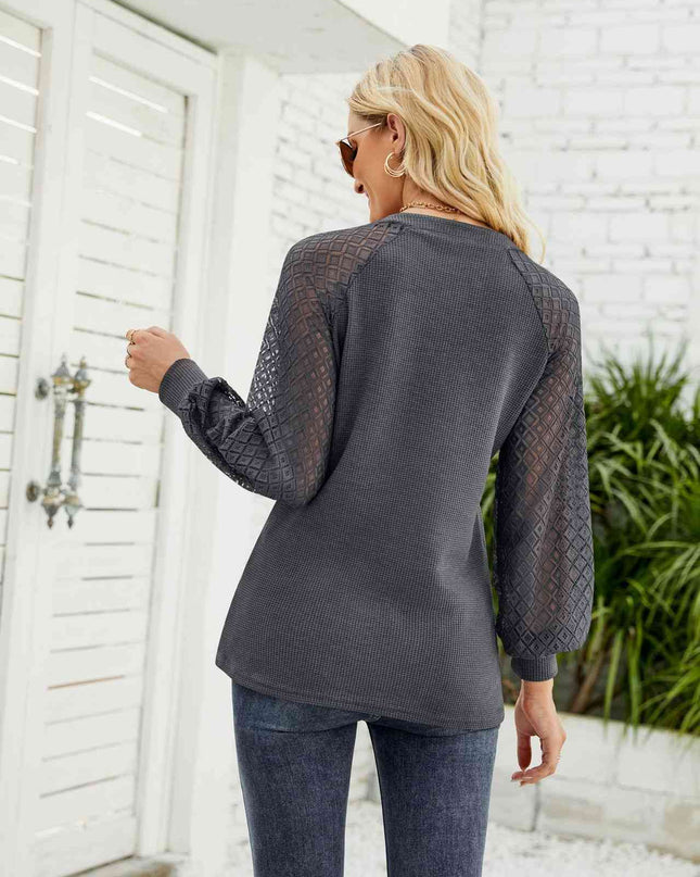 Waffle-Knit Spliced Lace Notched Top