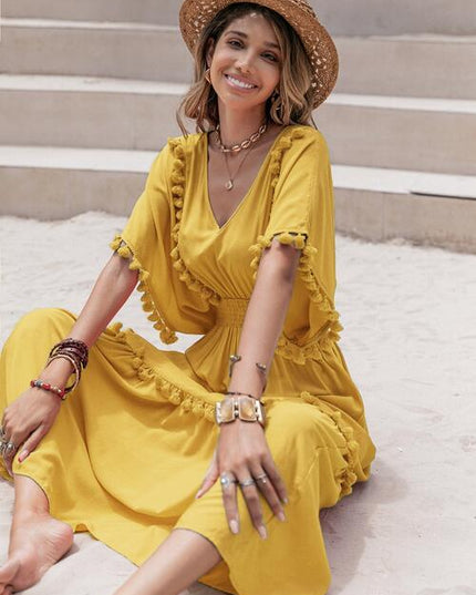 Tassel Trim Smocked V-Neck Short Sleeve Dress