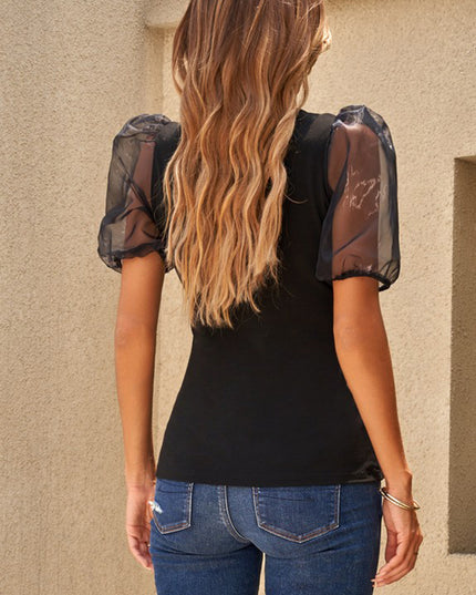 Spliced Mesh Puff Sleeve Blouse