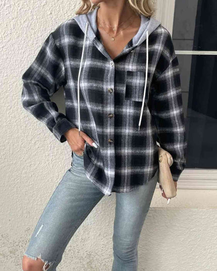 Plaid Drawstring Button Up Hooded Jacket
