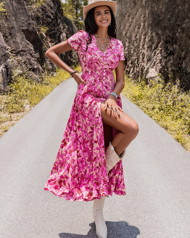 Floral V-Neck Slit Dress