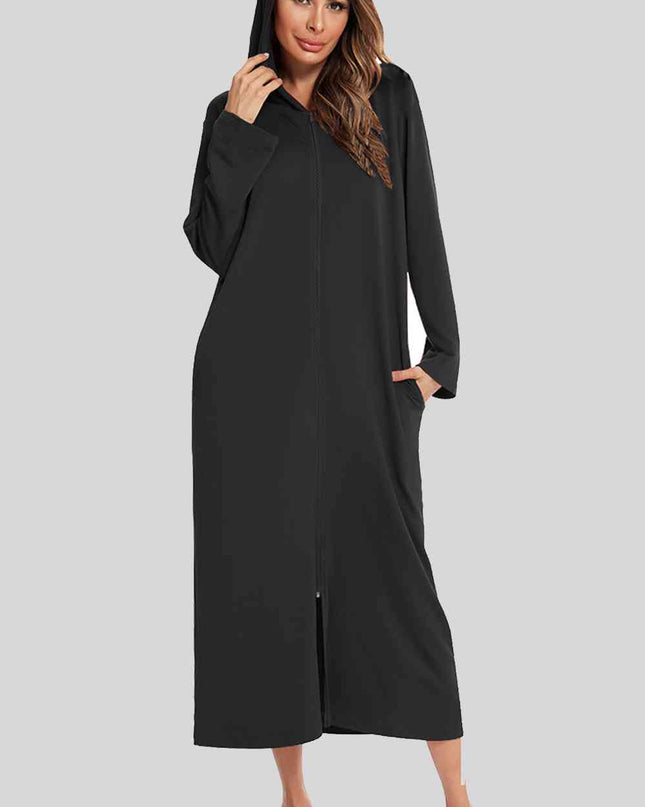 Zip Front Hooded Night Dress with Pockets