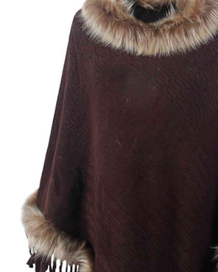 Faux Fur Trim Fringed Poncho