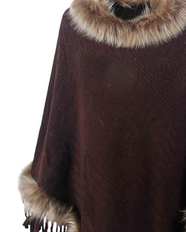 Faux Fur Trim Fringed Poncho