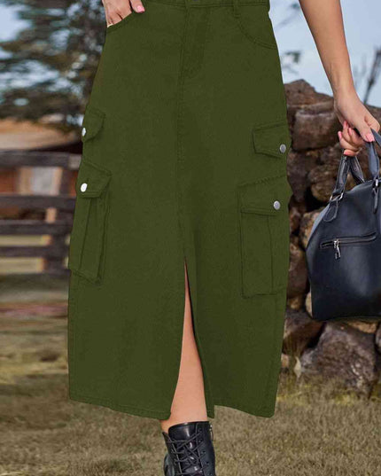 Slit Front Midi Denim Skirt with Pockets