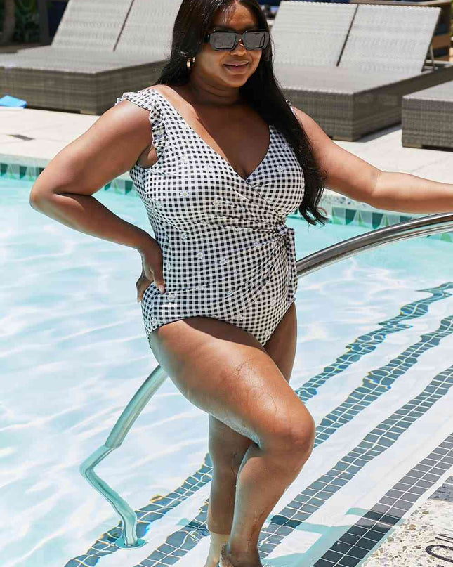 Marina West Swim Full Size Float On Ruffle Faux Wrap One-Piece in Black