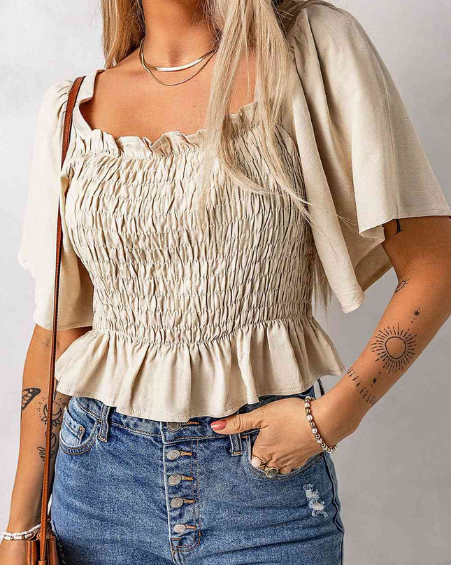 Smocked Frill Trim Peplum Top