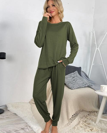Round Neck Top and Drawstring Pants Lounge Set