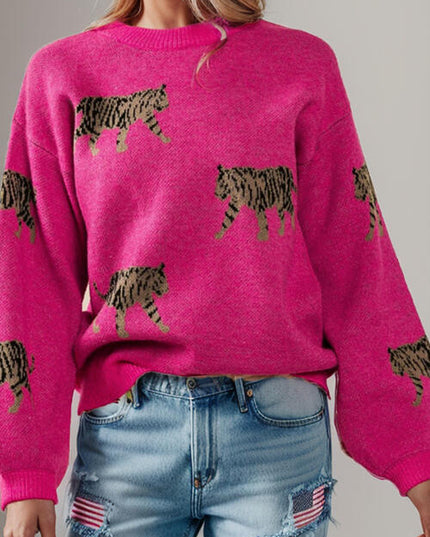 Tiger Pattern Round Neck Drop Shoulder Sweater