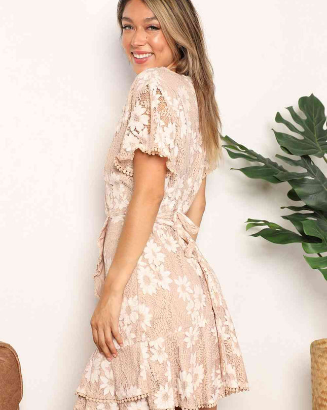 Double Take Floral Lace Pompom Detail Tie-Waist Flutter Sleeve Dress