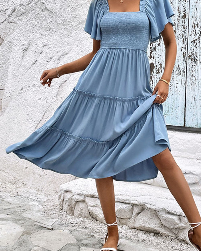 Smocked Square Neck Frill Trim Dress