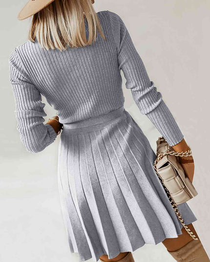 Surplice Neck Tie Front Pleated Sweater Dress
