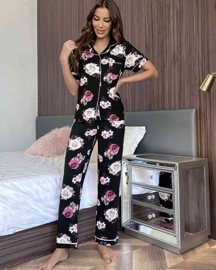 Floral Short Sleeve Shirt and Pants Lounge Set