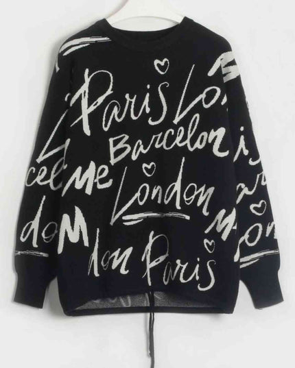 Letter Round Neck Drawstring Sweater
