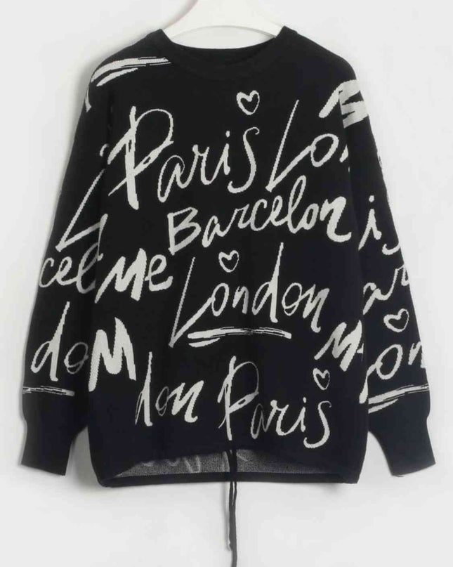 Letter Round Neck Drawstring Sweater