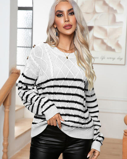 Striped Round Neck Cable-Knit Sweater