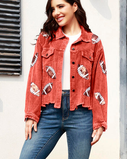 Football Sequin Raw Hem Collared Neck Jacket