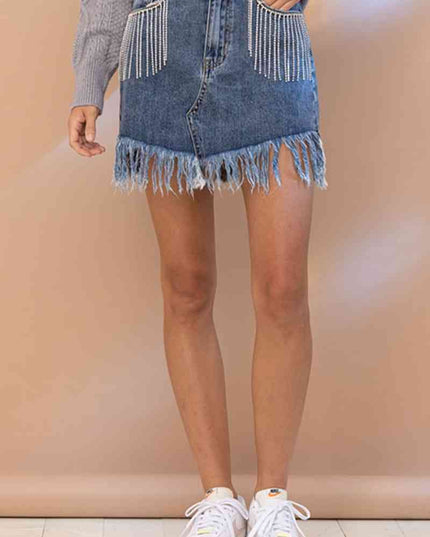 Rhinestone Fringe Denim Skirt
