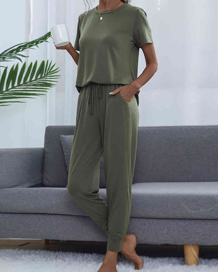 Round Neck Short Sleeve Top and Pants Set