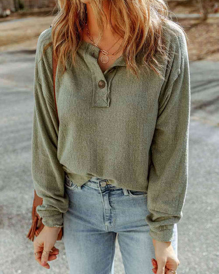 Buttoned Round Neck Long Sleeve Top