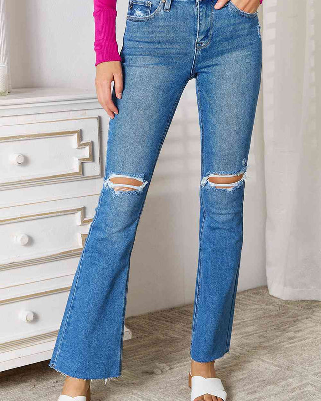 Kancan Full Size Distressed Raw Hem Bootcut Jeans