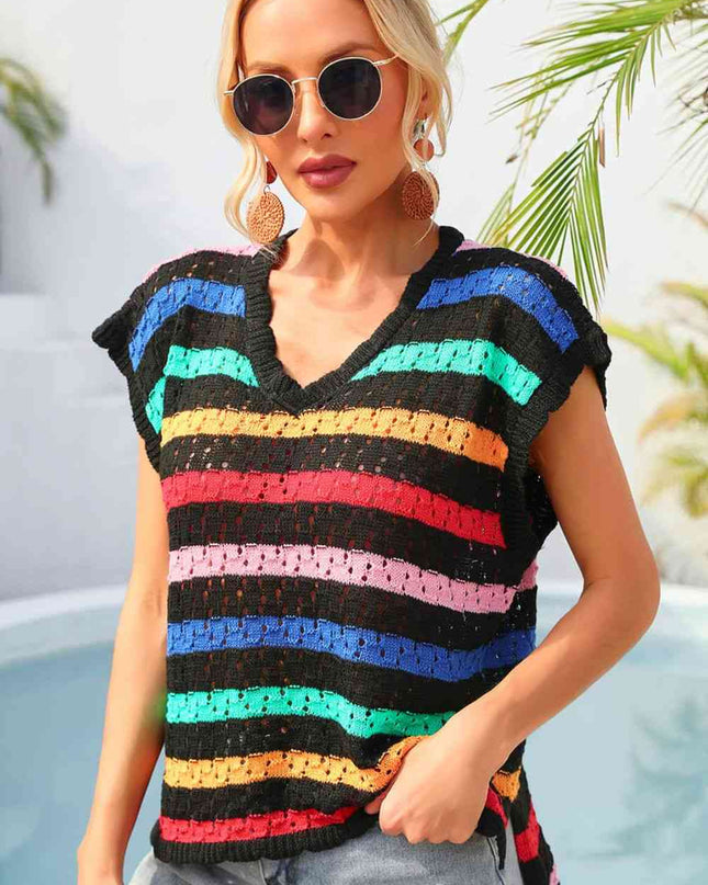 Striped V-Neck Slit Cover Up