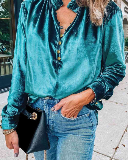 Notched Neck Buttoned Long Sleeve Velvet Blouse