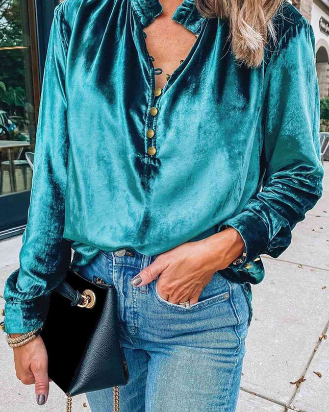 Notched Neck Buttoned Long Sleeve Velvet Blouse