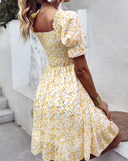 Floral Smocked Square Neck Flounce Sleeve Dress
