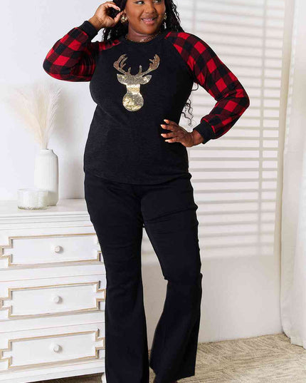 Heimish Full Size Sequin Reindeer Graphic Plaid Top