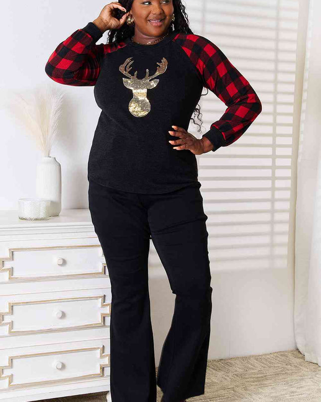 Heimish Full Size Sequin Reindeer Graphic Plaid Top